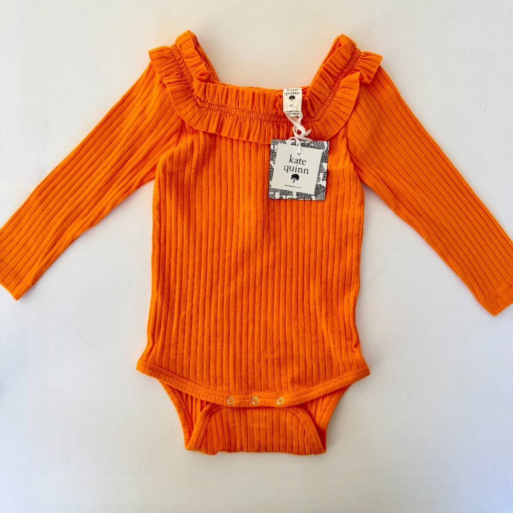 NWT Kate Quinn Orange Ribbed Ruffle Bodysuit 2T Pumpkin Halloween Thanksgiving